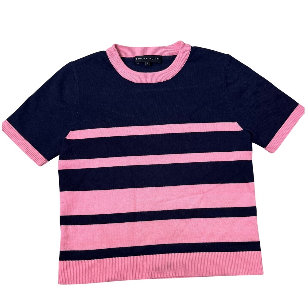 English Factory Womens Navy Pink Striped Short Sleeve Crew Neck Sweater Small